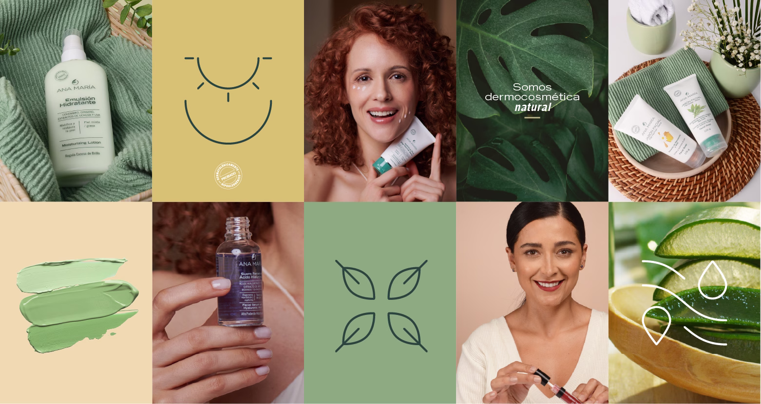 Grid de la marca Ana María: emulsión hidratante, sérum de ácido hialurónico, modelos aplicando productos, iconografía de hojas y mensaje de dermocosmética natural