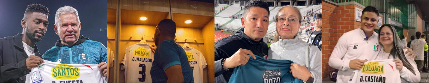 Jugadores de Once Caldas mostrando camisetas con su apellido materno junto a sus madres y en el camerino