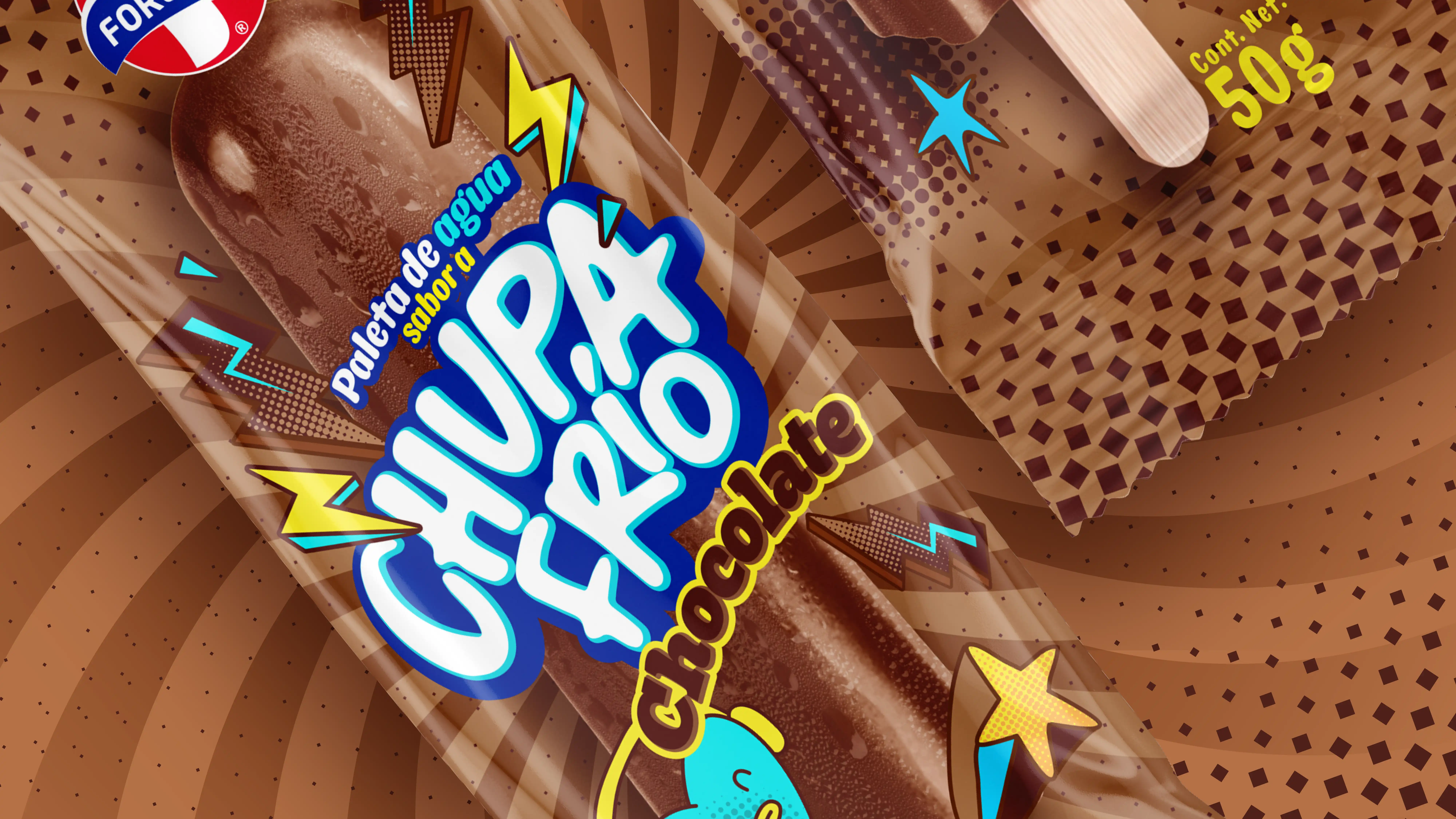 Detalle del empaque de Chupa Frío sabor chocolate con paleta y gráficos de rayos en tonos café