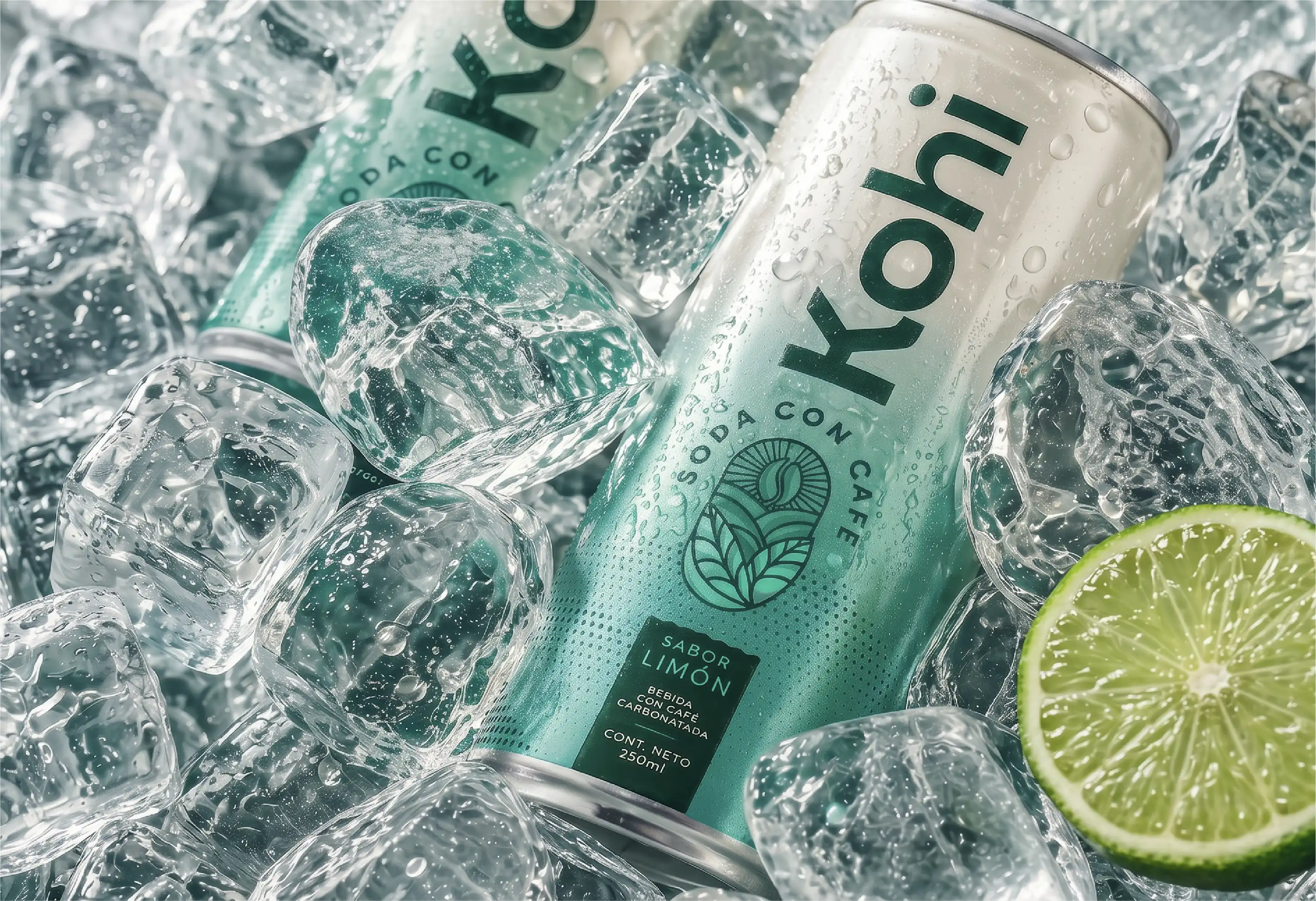 Lata de Kohi, soda con café carbonatada sabor limón, entre cubos de hielo con una rodaja de limón, campaña Fusión de Frescura