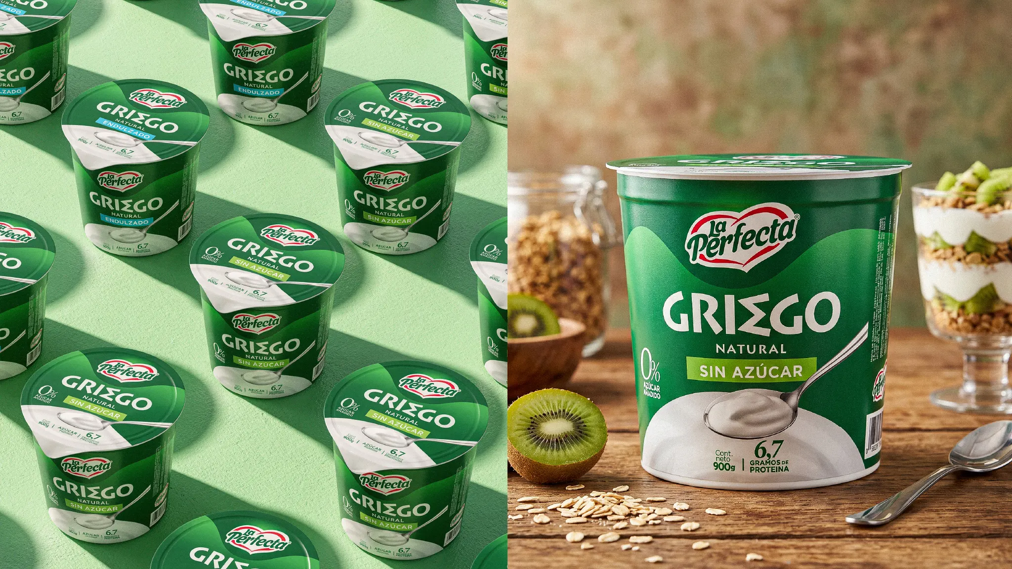 Envases de yogurt Griego La Perfecta en patrón repetido junto a bodegón del envase sin azúcar con kiwi, granola y avena