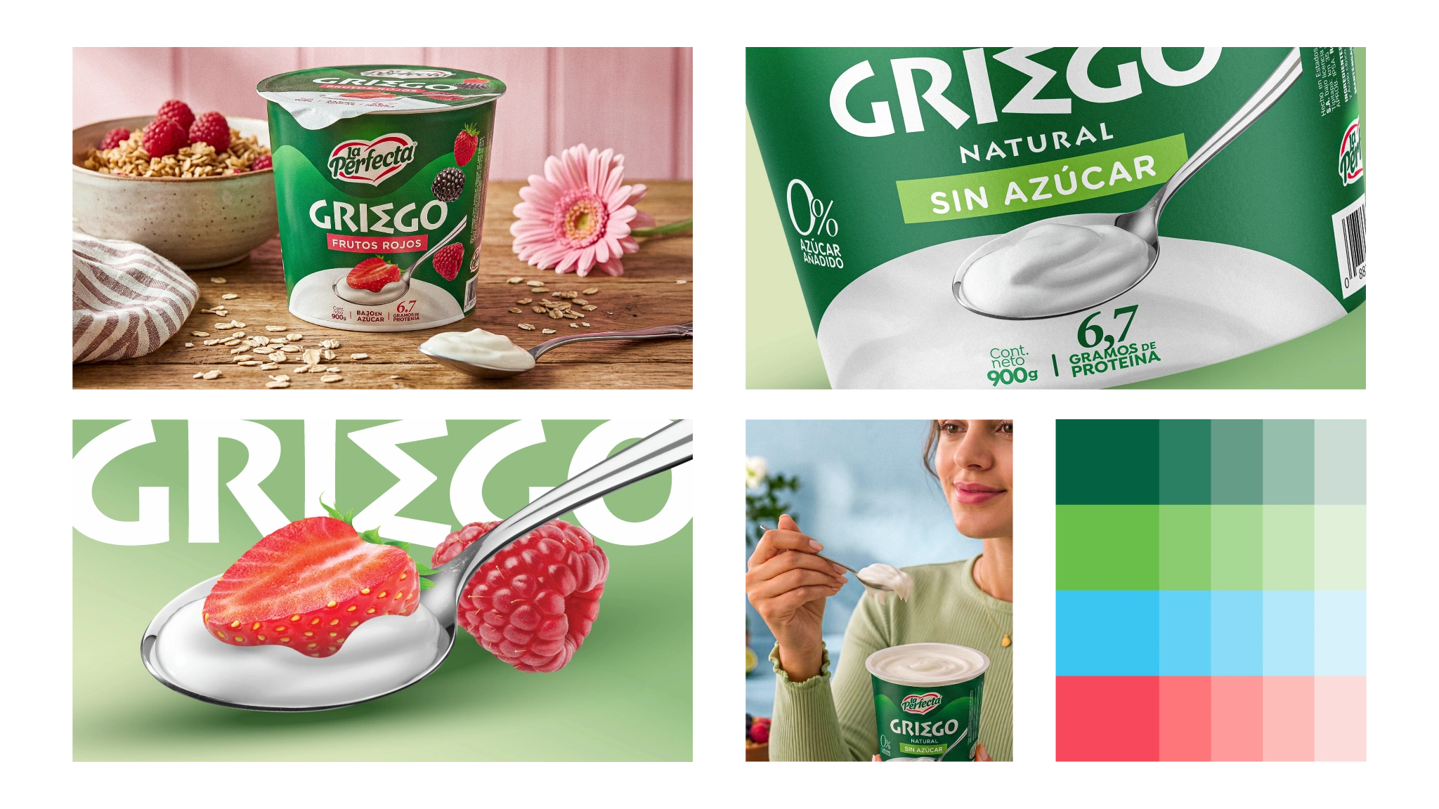Collage de yogurt Griego La Perfecta: presentación frutos rojos, detalle del envase, cuchara con fresas, mujer degustando y paleta de colores