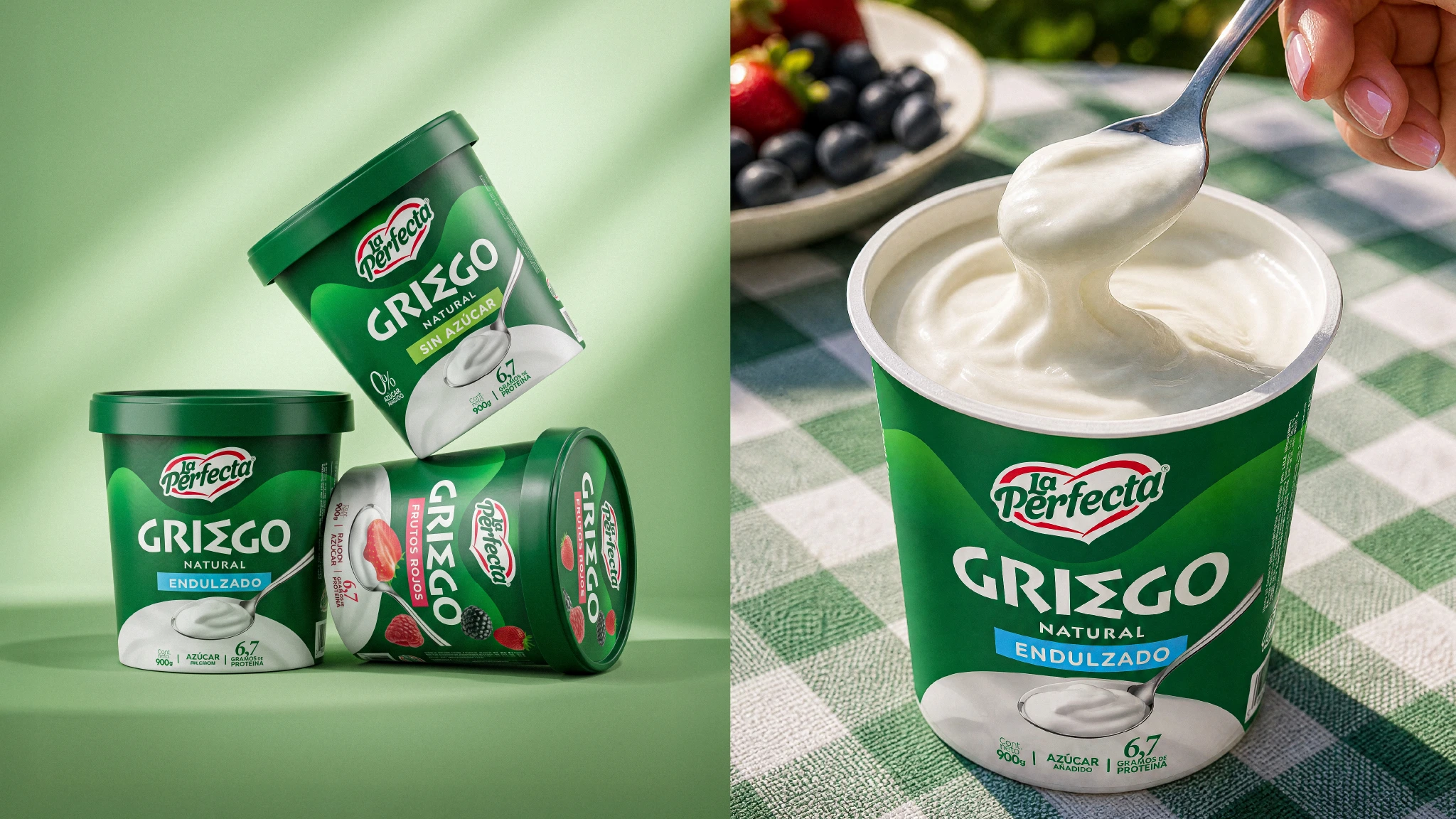 Tres presentaciones de yogurt Griego La Perfecta junto a envase endulzado abierto con cuchara sirviendo yogurt cremoso