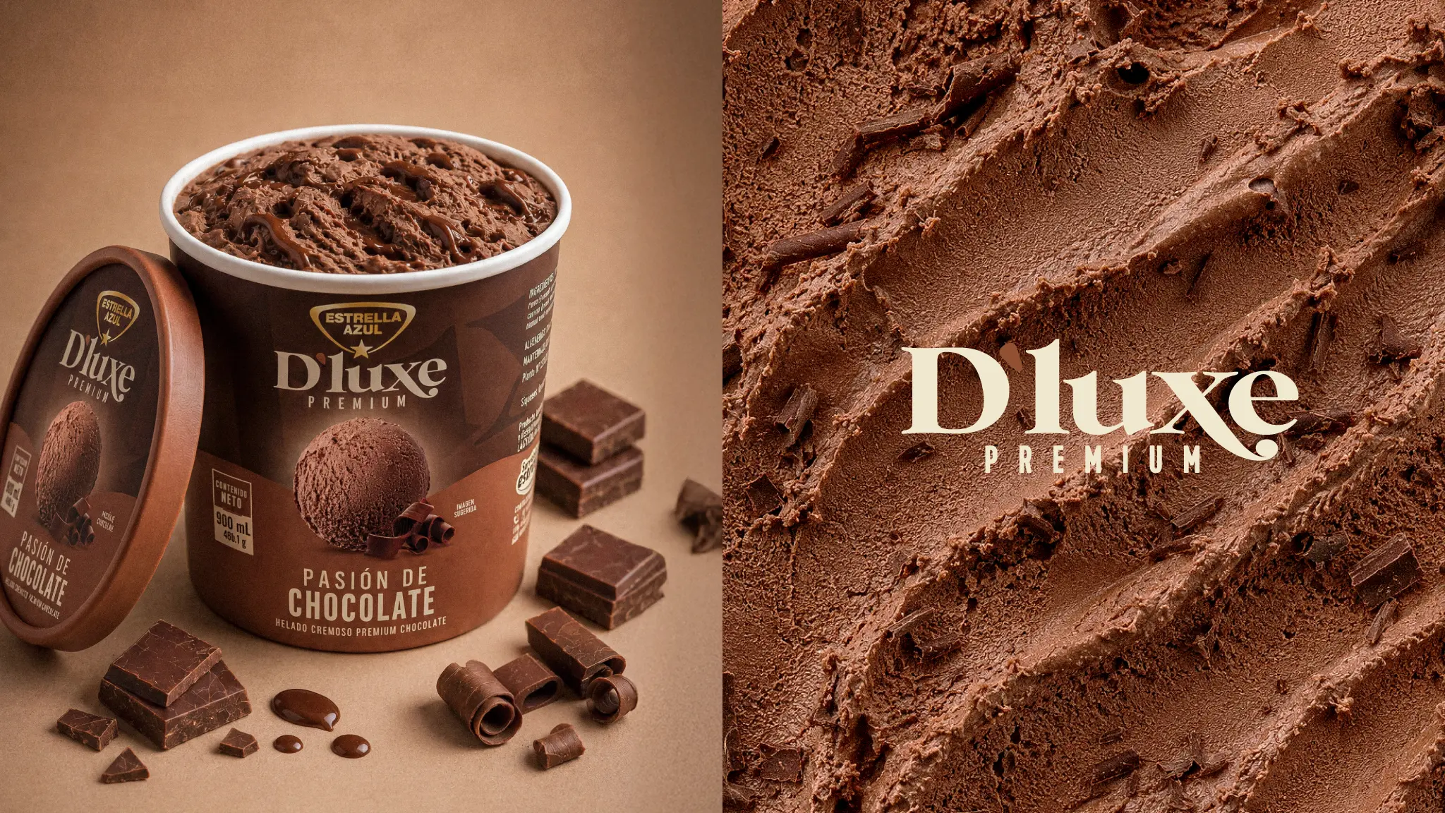 Envase abierto de helado D'luxe Premium Pasión de Chocolate con trozos de chocolate, junto a textura cremosa con el logo de la marca