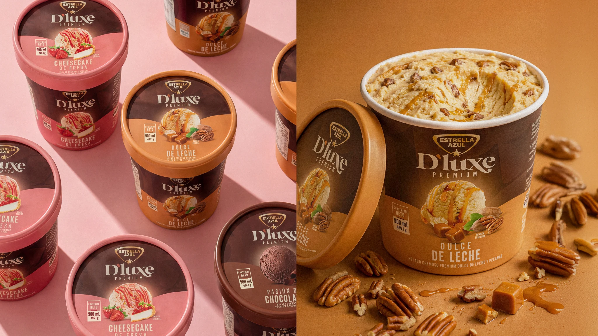 Envases de helado premium D'luxe de Estrella Azul en sabores Dulce de Leche, Cheesecake de Fresa y Chocolate, con el de Dulce de Leche destapado y pecanas alrededor.