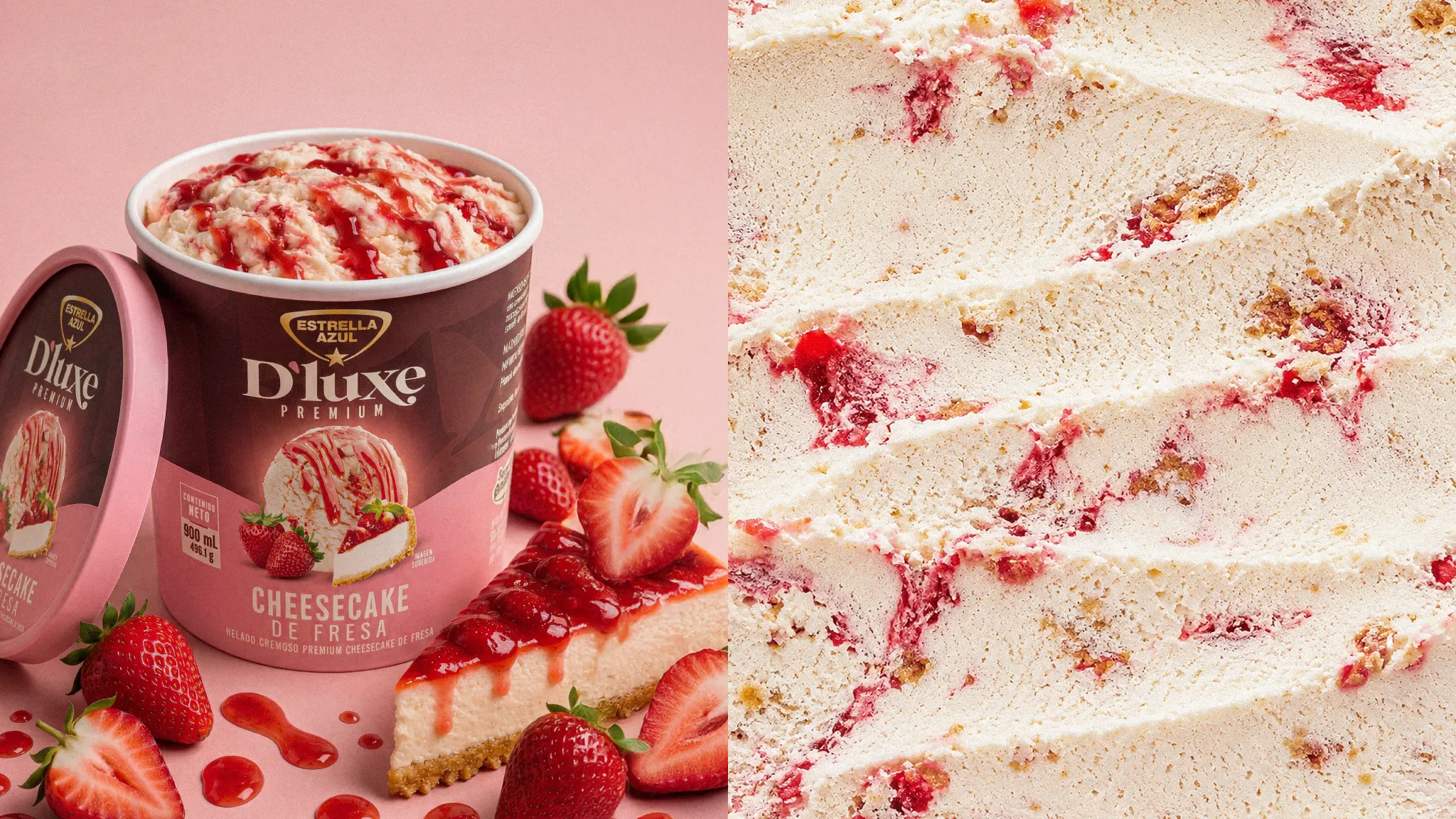 Envase abierto de D'luxe Cheesecake de Fresa con porción de cheesecake y fresas frescas, junto a textura del helado con remolinos de fresa