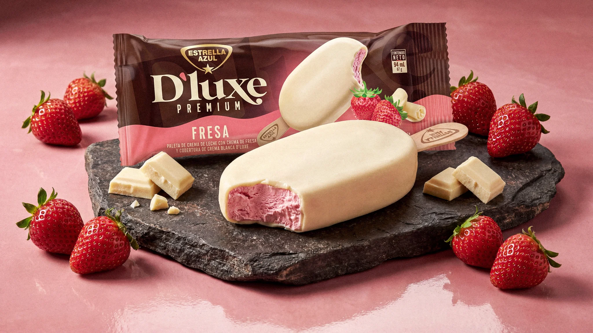 Paleta D'luxe Premium sabor fresa con cobertura de crema blanca mordida mostrando el relleno rosa, junto a su empaque y fresas frescas
