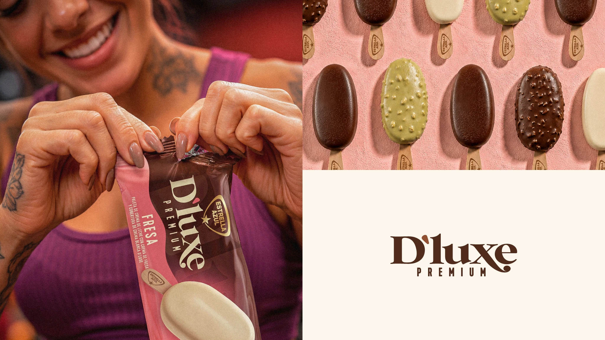 Mujer abriendo una paleta de helado D'luxe Premium sabor Fresa de Estrella Azul, junto a variedad de paletas con coberturas de chocolate y el logo de la marca.