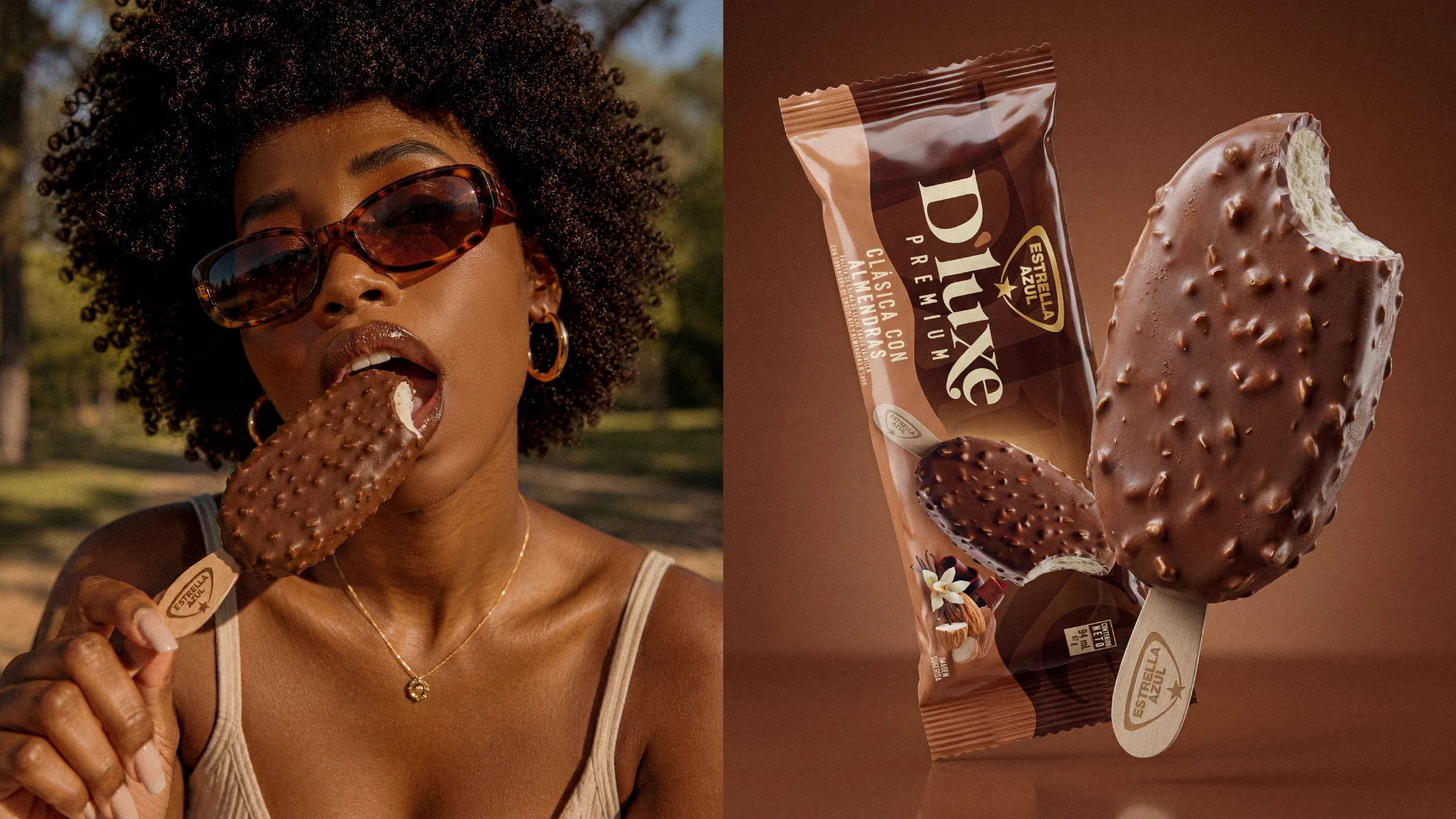 Mujer con lentes de sol disfrutando una paleta de helado D'luxe Premium Clásica con Almendras de Estrella Azul, cubierta de chocolate con almendras, junto a su empaque.