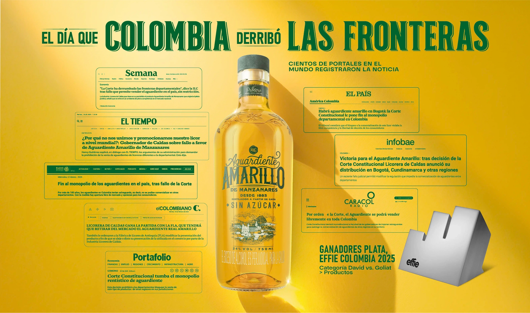Botella de Aguardiente Amarillo de Manzanares rodeada de titulares de Semana, El Tiempo, El País e Infobae sobre el fin del monopolio departamental, con premio Plata en Effie Colombia 2025