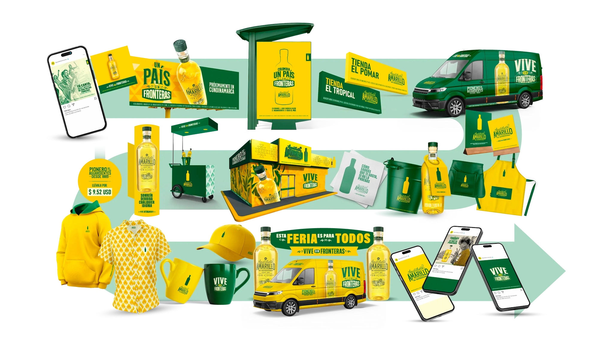 Ecosistema de la campaña Un País Sin Fronteras de Aguardiente Amarillo: vallas, paraderos, vans de reparto, kioscos, merchandising y piezas para redes sociales