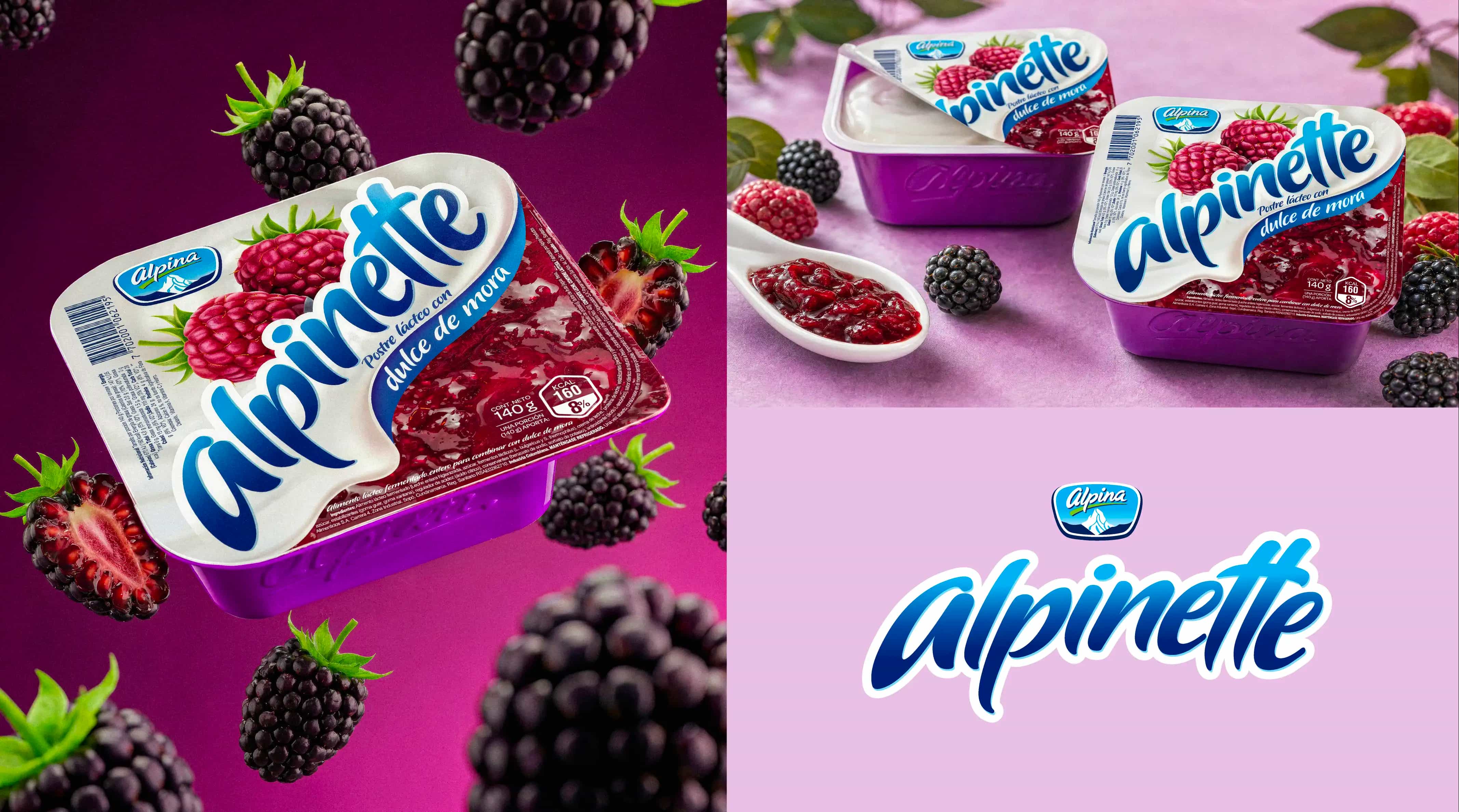 Envases de Alpinette de Alpina, postre lácteo con dulce de mora, rodeados de moras frescas y una cucharada de mermelada, junto al logo de la marca.
