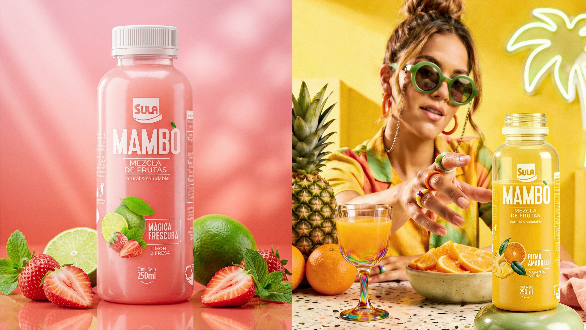 Botella Mambo Mágica Frescura de limón y fresa junto a mujer con gafas verdes y botella Ritmo Amarillo de naranja y piña en ambiente tropical