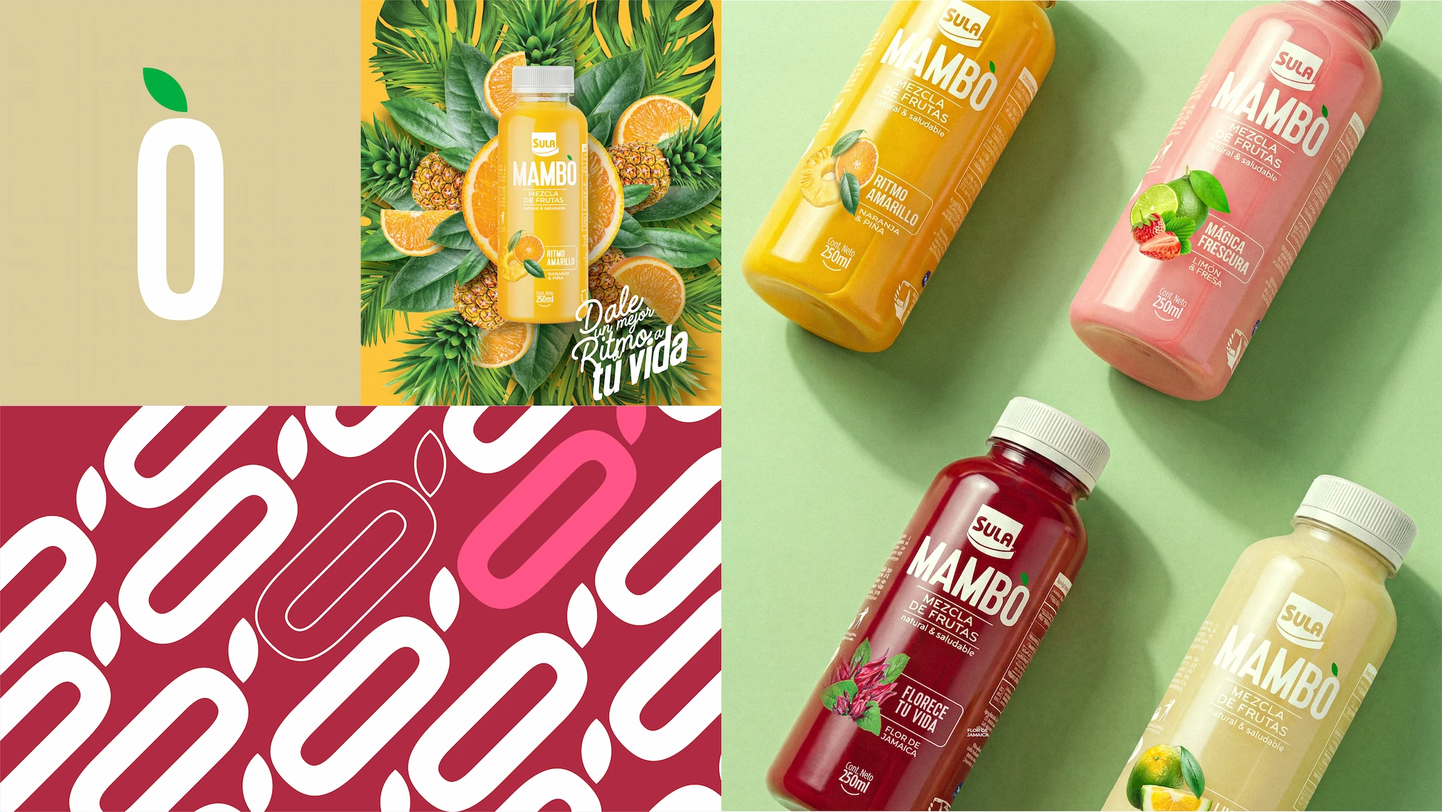 Composición de branding de jugos Mambó de Sula con sus cuatro sabores de mezcla de frutas, piezas gráficas de la marca y una botella Ritmo Amarillo rodeada de frutas tropicales.