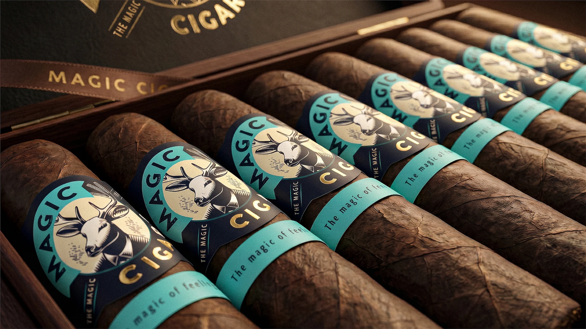 Caja de madera abierta de Magic Cigars con cigarros premium en fila, cada uno con anilla turquesa y dorada con emblema de ciervo
