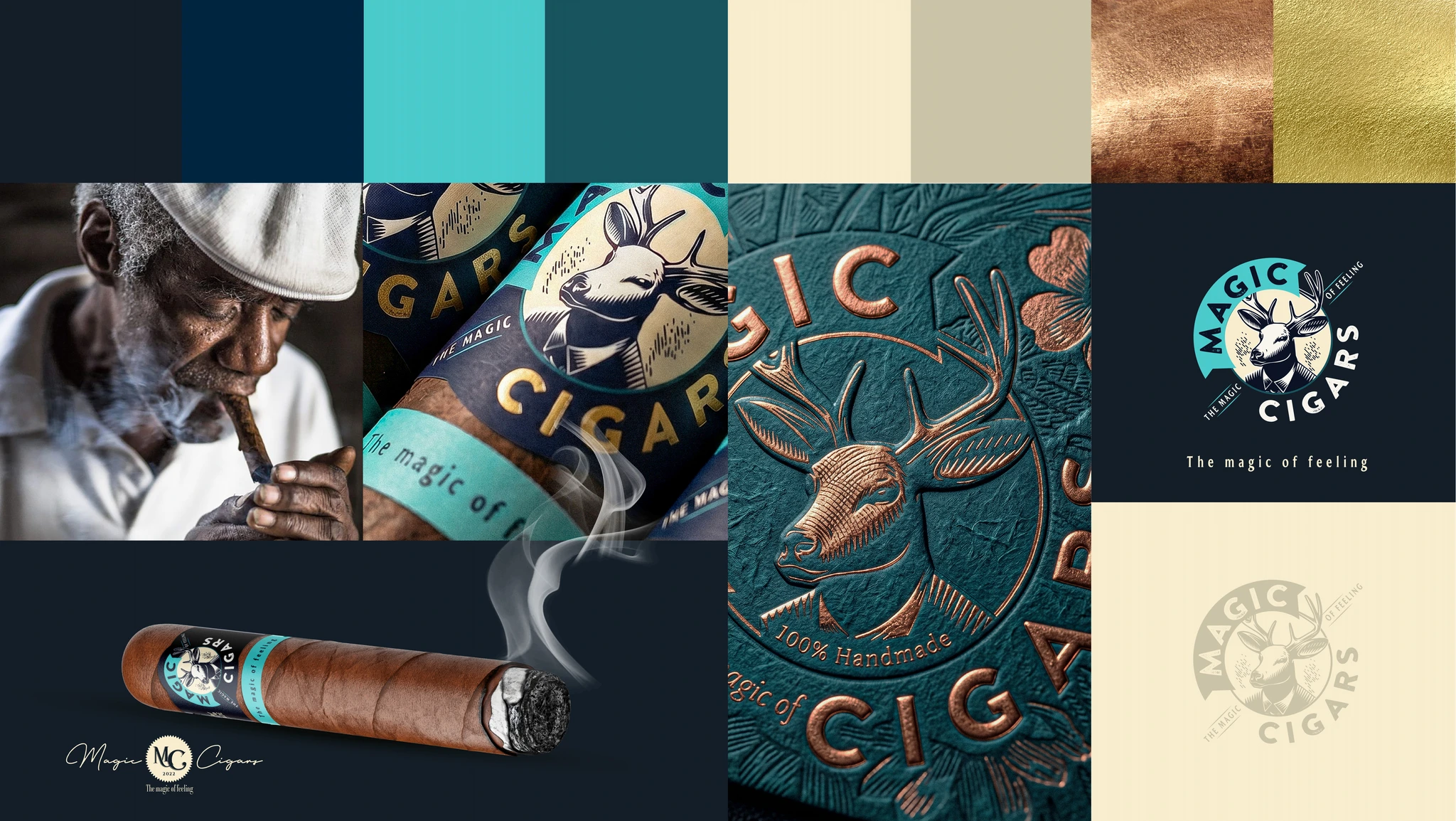 Moodboard de Magic Cigars: paleta de colores, hombre fumando, anillas con emblema de ciervo, grabado en relieve cobre y logo con eslogan The magic of feeling