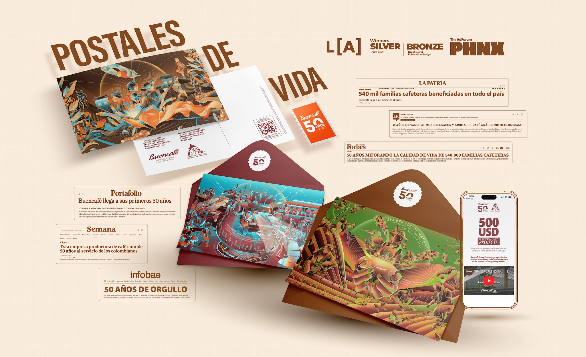 Caso Postales de Vida de Buencafé por sus 50 años: postales ilustradas premiadas con Silver y Bronze en LIA y The AdForum PHNX, con cobertura en Forbes, Semana, Portafolio e Infobae y 540 mil familias cafeteras beneficiadas
