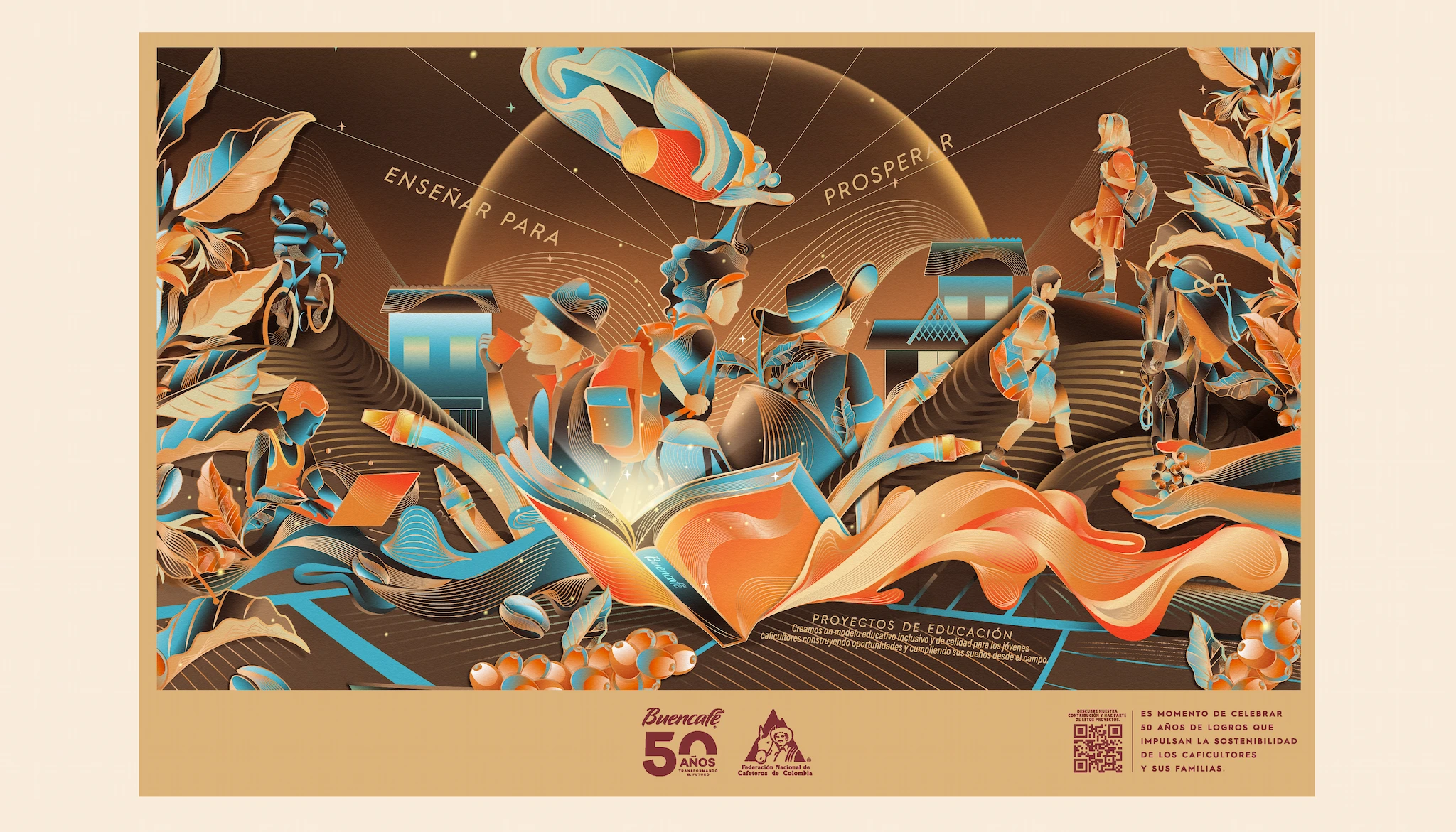 Ilustración conmemorativa de los 50 años de Buencafé con los lemas 'Enseñar para prosperar'; muestra jóvenes del campo cafetero, casas, montañas y un libro abierto luminoso en tonos café, naranja y azul, aludiendo a sus proyectos de educación.