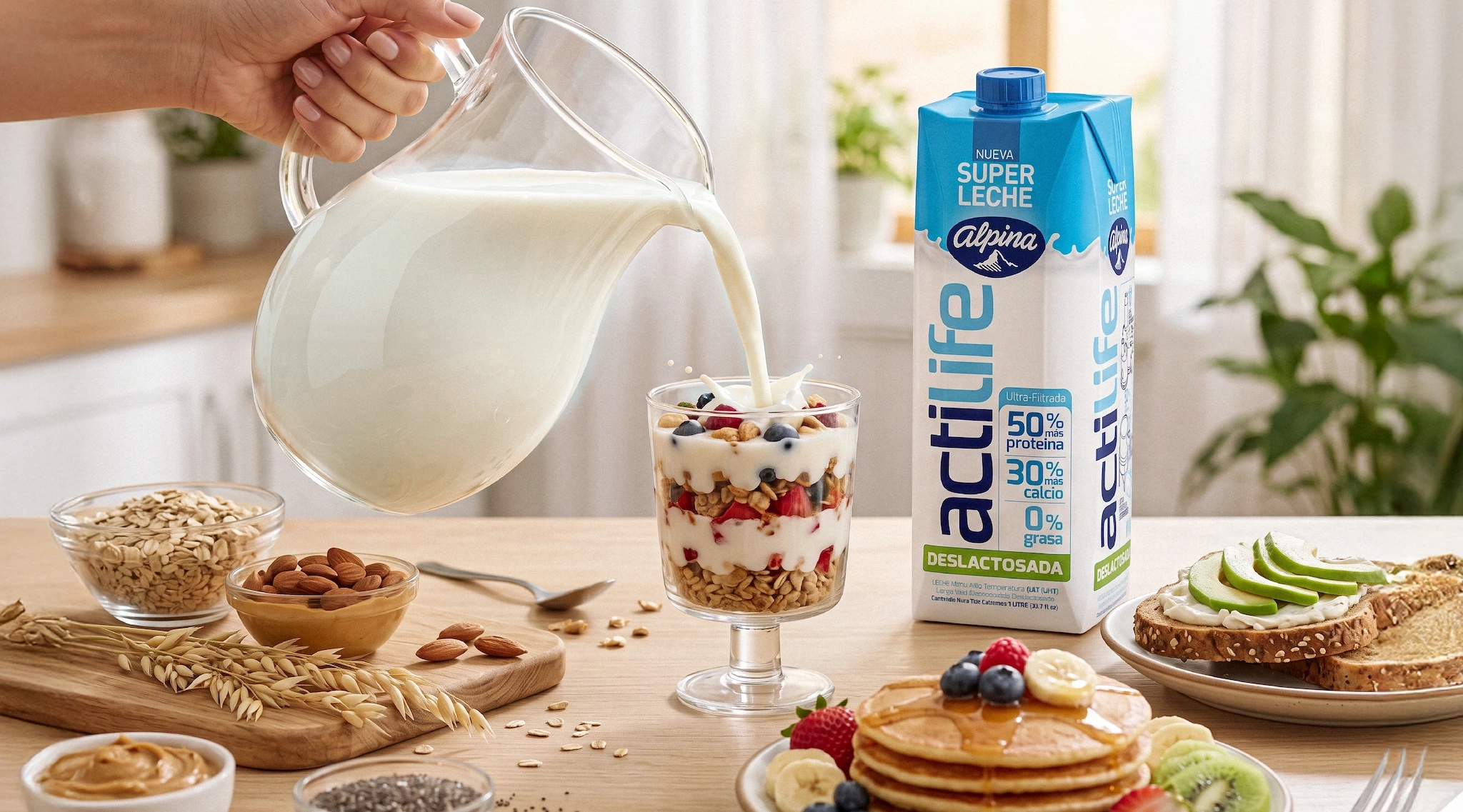 Bodegón de desayuno saludable con el producto Super Leche Actilife de Alpina (deslactosada, ultra-filtrada, con 50% más proteína, 30% más calcio y 0% grasa). Una mano vierte leche desde una jarra de vidrio sobre un parfait de yogur con granola y frutas, rodeado de avena, almendras, mantequilla de maní, chía, pancakes con frutas y tostadas con manzana.