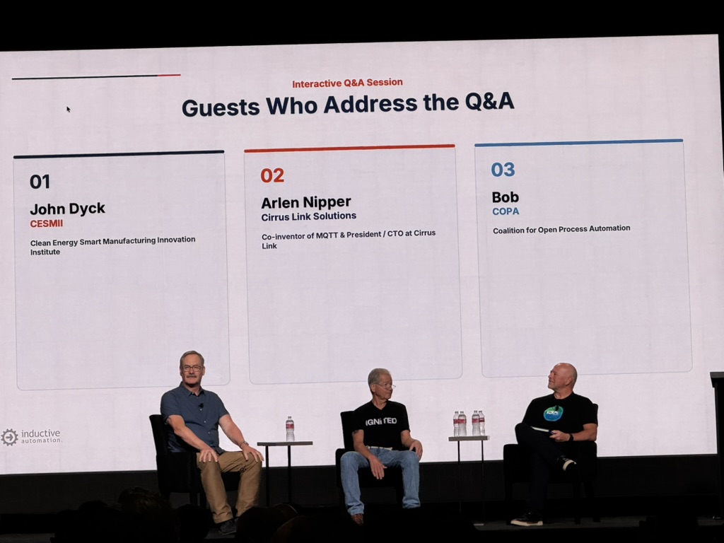 ICC 2026 panel: John Dyck of CESMII, Arlen Nipper of Cirrus Link, and Bob Hagenau of COPA.
