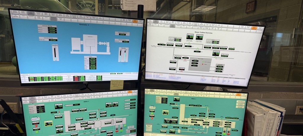 Four monitors on a plant control desk showing live process graphics for a generator, a steam turbine, and heat-recovery steam generators.