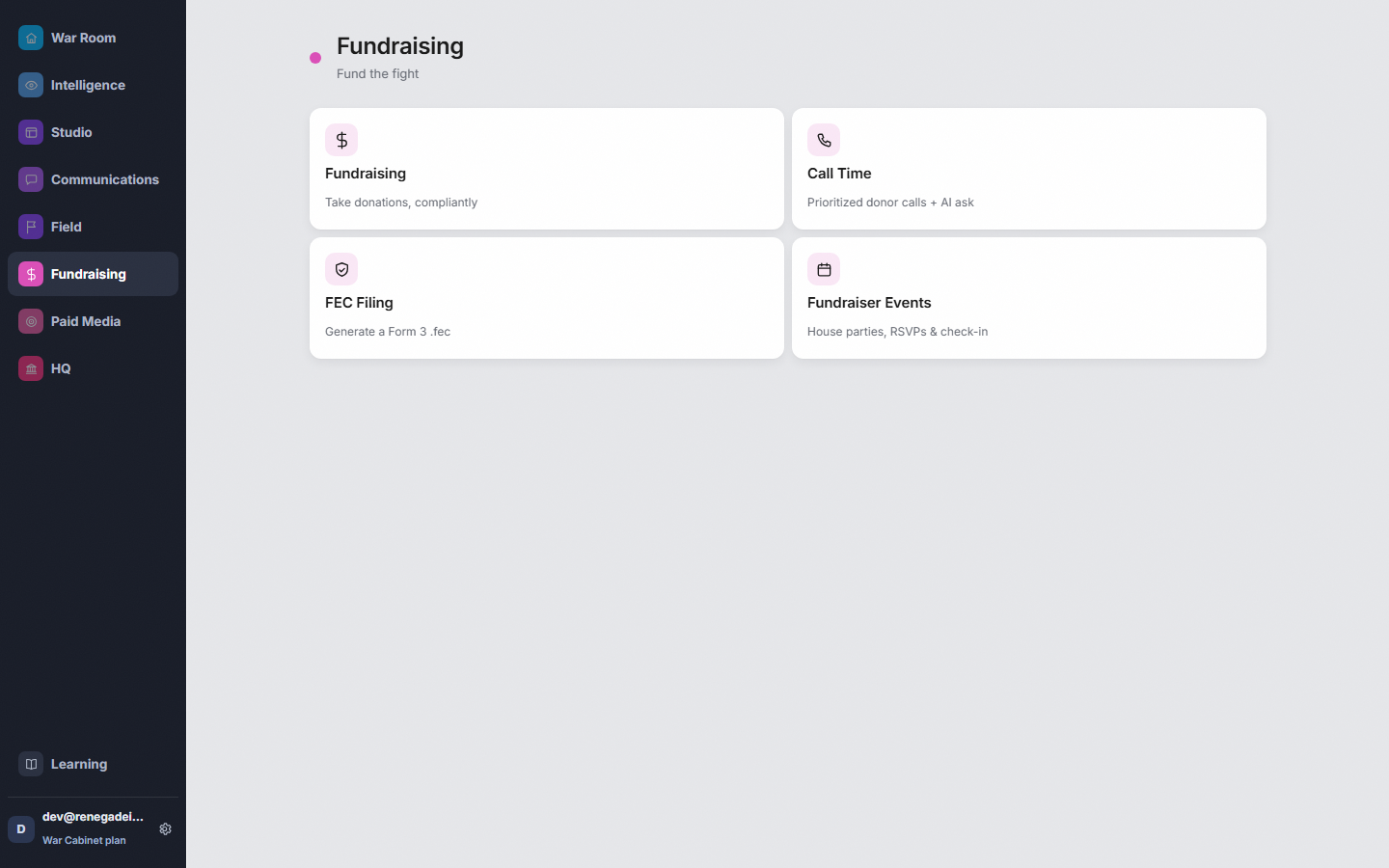The Fundraising module: Fundraising, Call Time, FEC Filing, Fundraiser Events