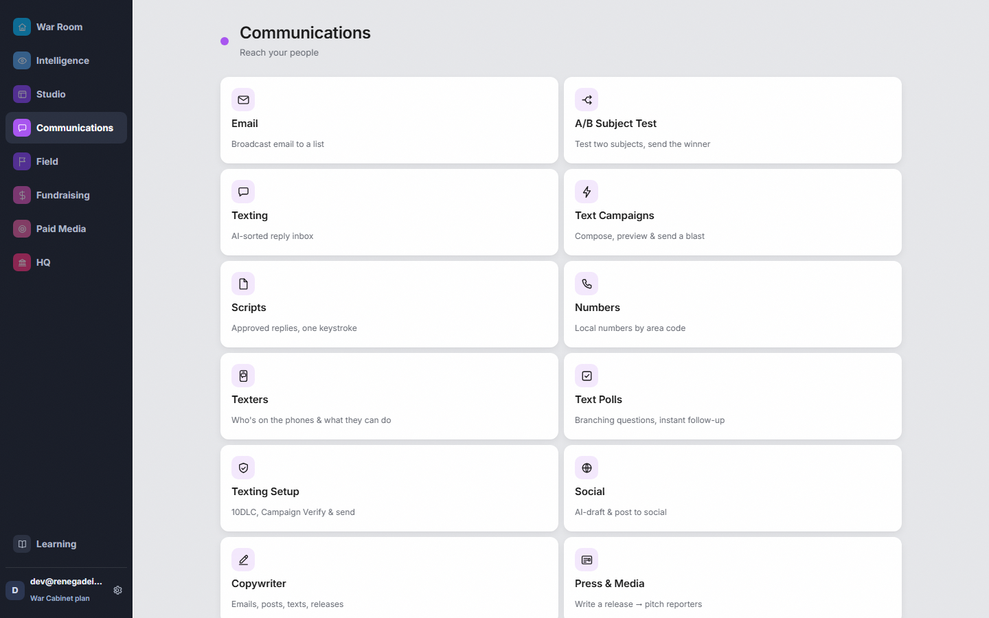 The Communications module: Broadcast, Email, Texting, Contacts, Press and more