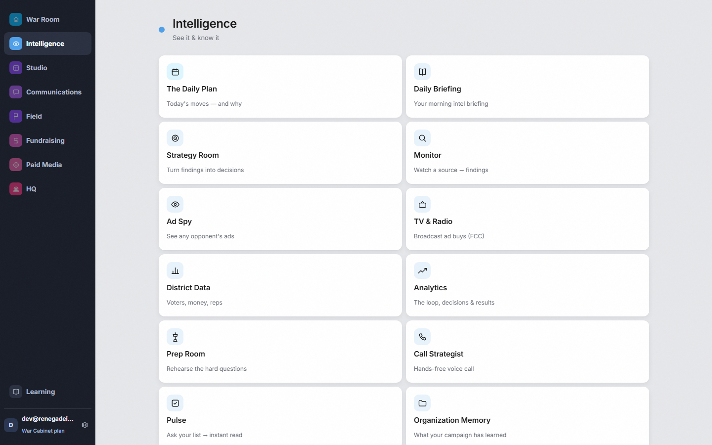 The Intelligence module: Daily Plan, Ad Spy, District Data, Monitor and more