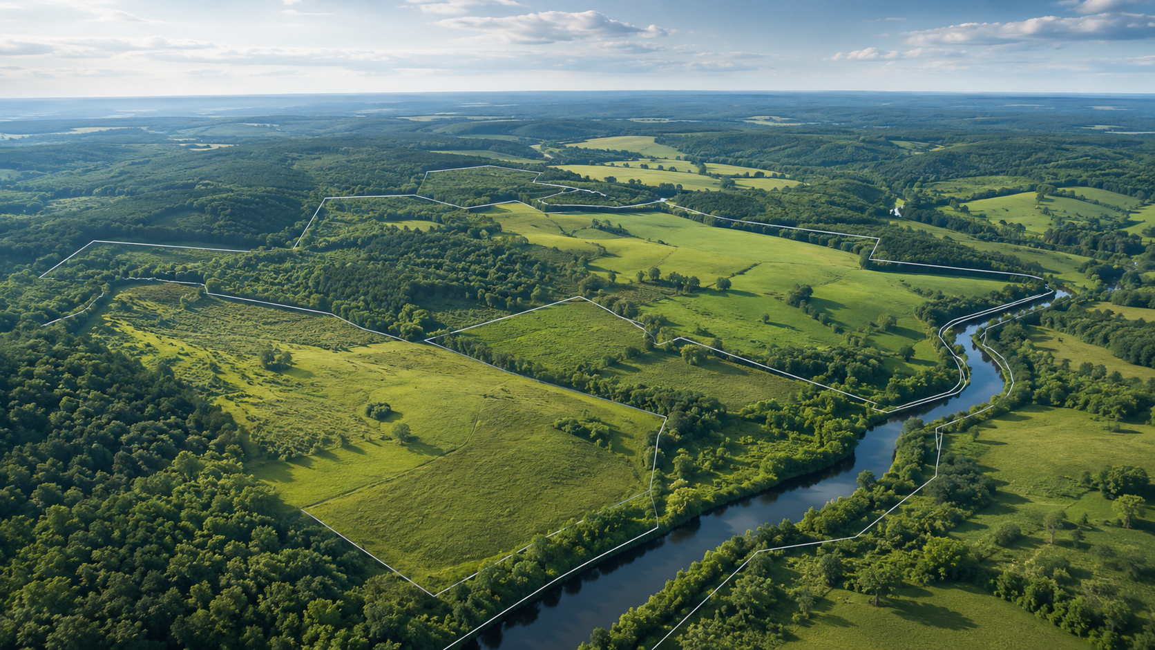 Aerial view of preserved open land representing fee simple conservation easement planning.