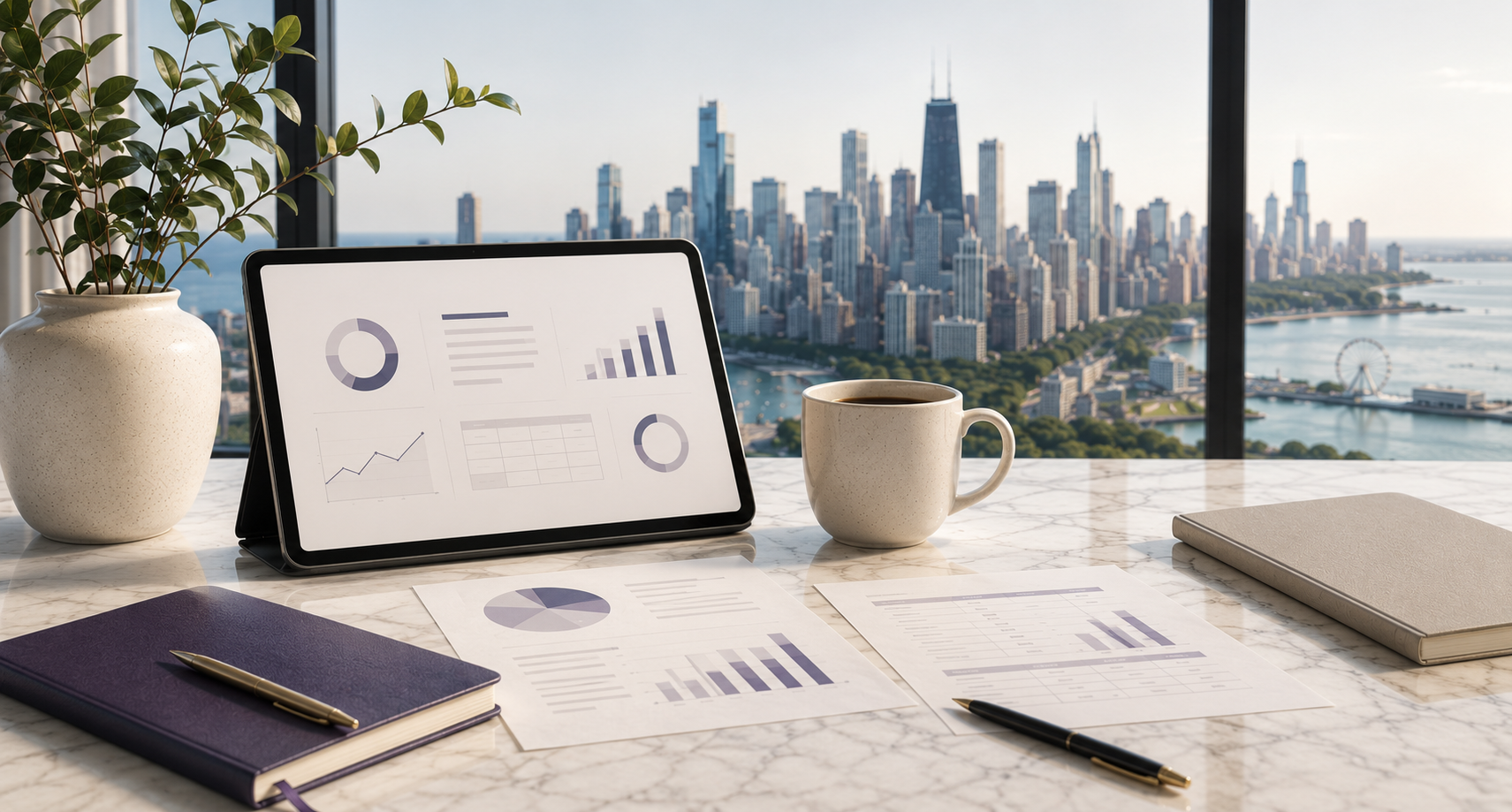 Panorama tax strategy materials overlooking the Chicago skyline for the 2026 Tax Mitigation Strategies guide.