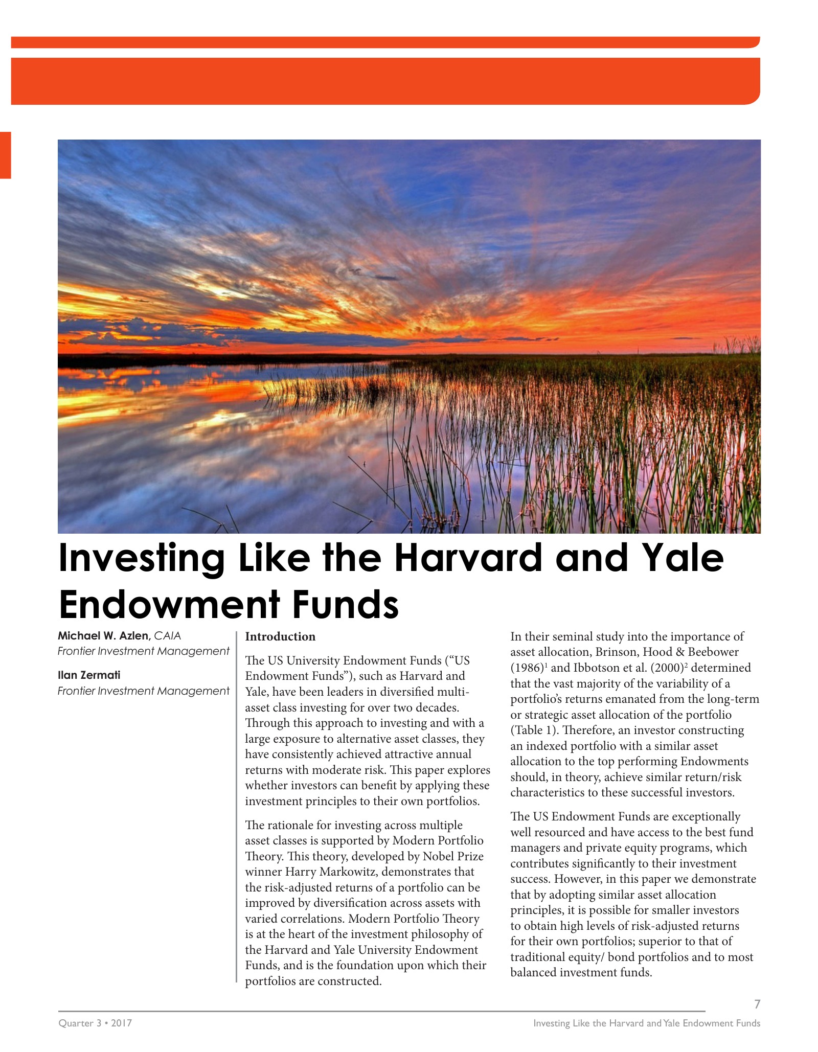 First page of the 2017 Harvard and Yale endowment research paper, featuring a sunset over water.