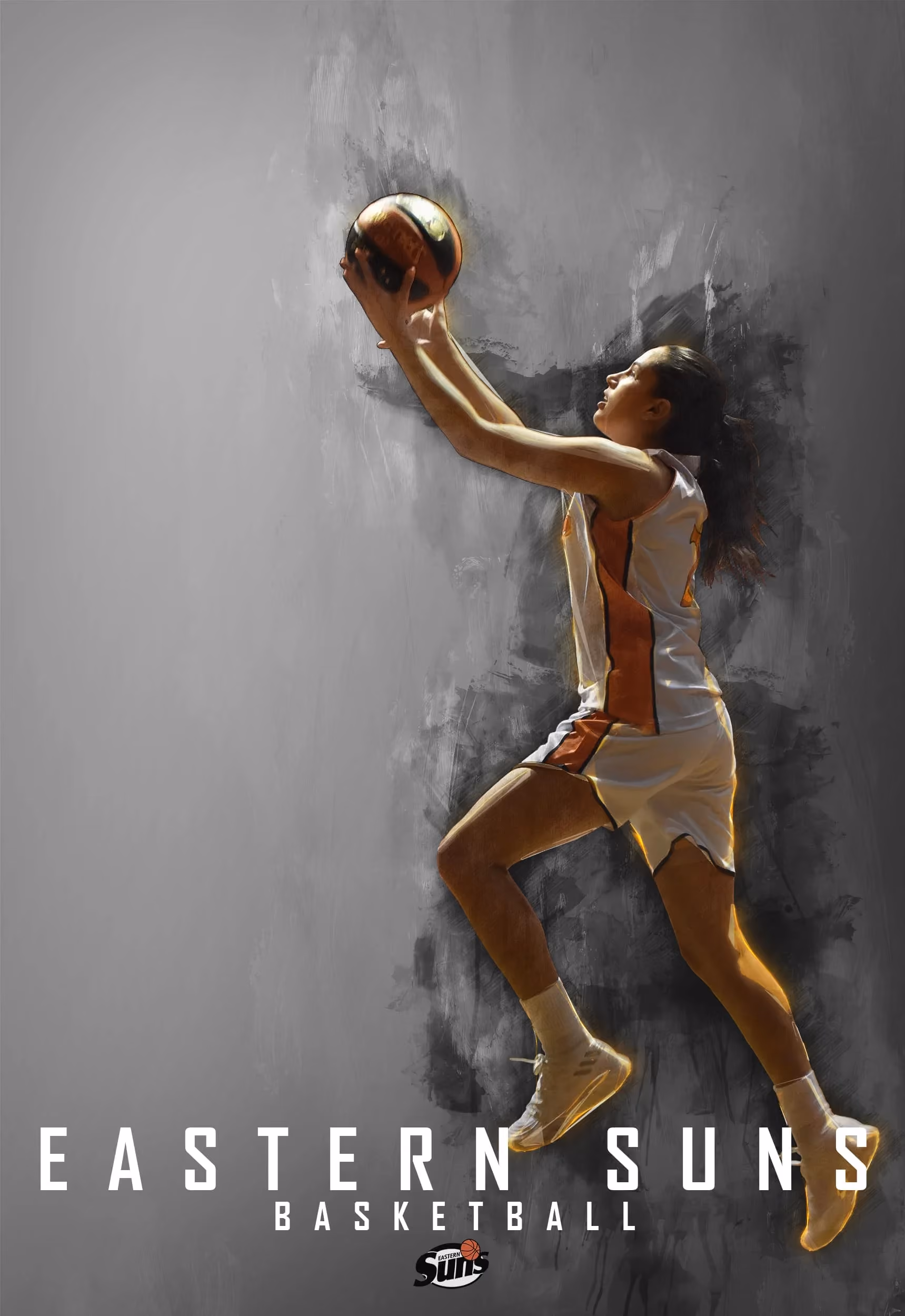 Chanah Crugnale rises for a layup in a dramatic poster-style graphic, using strong athlete imagery and club branding to build recognition, pride and game-day interest.