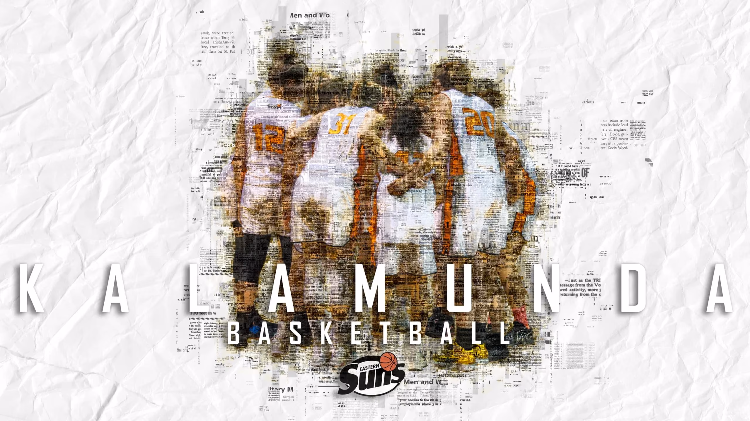 Kalamunda Eastern Suns team huddle featured in a textured newspaper-style graphic, reinforcing club identity, collective pride and the storytelling used to build stronger community connection.