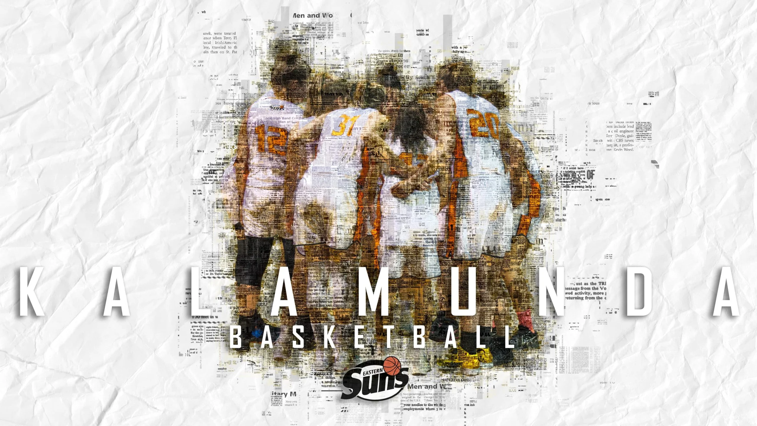 Kalamunda Eastern Suns team huddle featured in a textured newspaper-style graphic, reinforcing club identity, collective pride and the storytelling used to build stronger community connection.