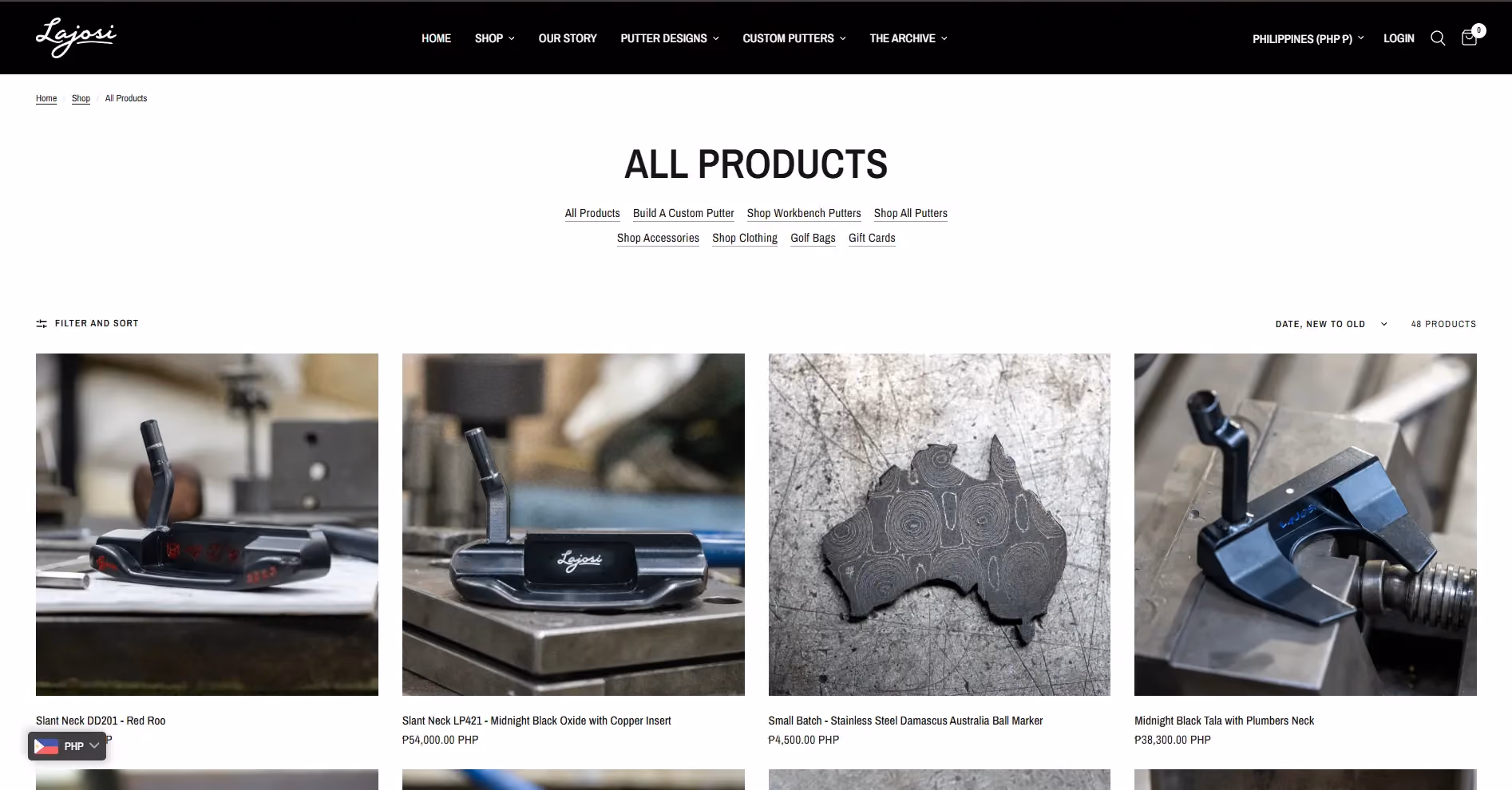 Lajosi Putters online store displaying custom putters and workshop-made accessories in a clear product grid, reflecting the brand’s stronger Shopify experience and craft-led presentation.