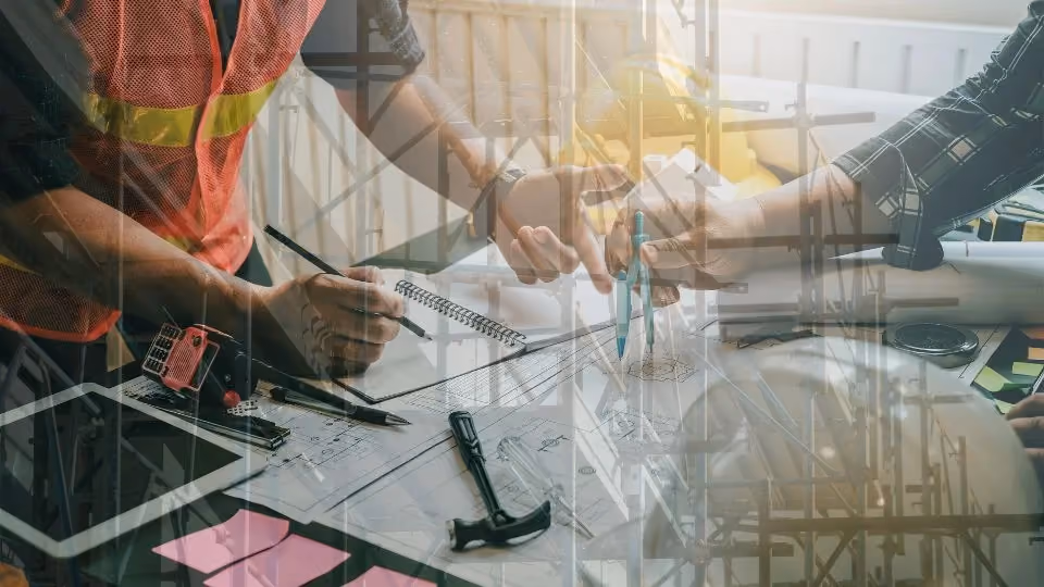 Commercial scaffolding planning session with site drawings, safety equipment and scaffold structures, highlighting the coordination required for reliable project delivery.