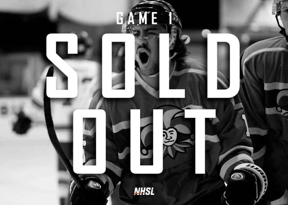 Black-and-white NHSL game graphic announcing Game 1 as sold out over an image of a celebrating hockey player, reinforcing the immediate fan demand and momentum behind the new league.