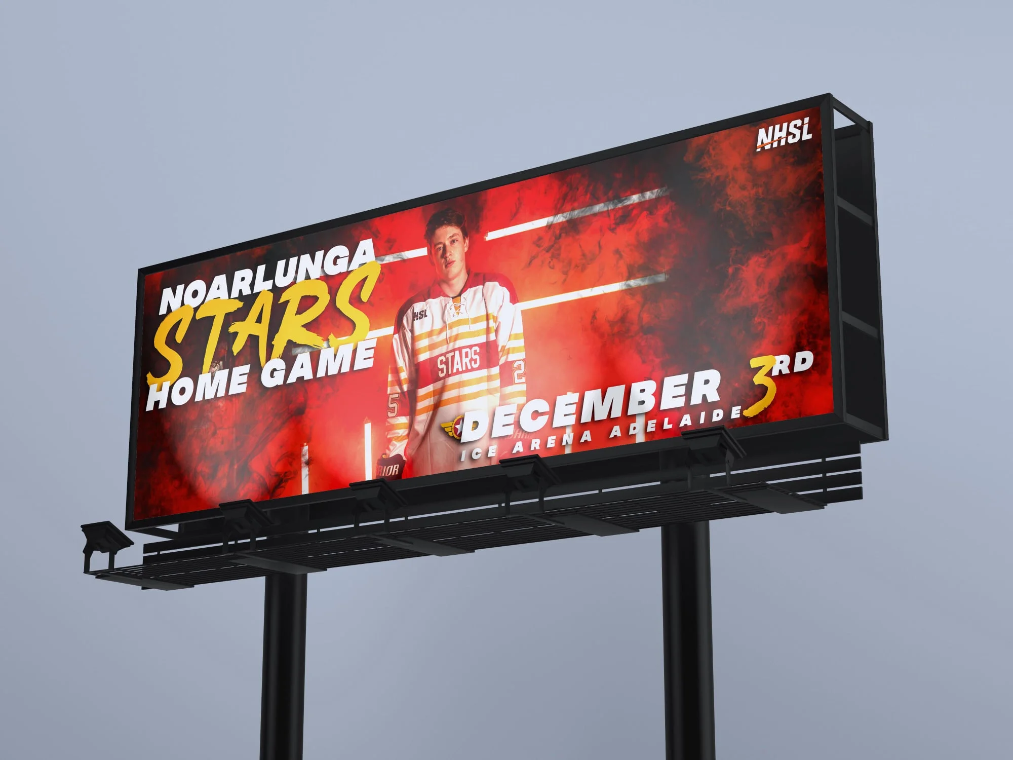 NHSL billboard promoting the Noarlunga Stars home game at Ice Arena Adelaide, showing the bold local campaign used to build team recognition and drive attendance.