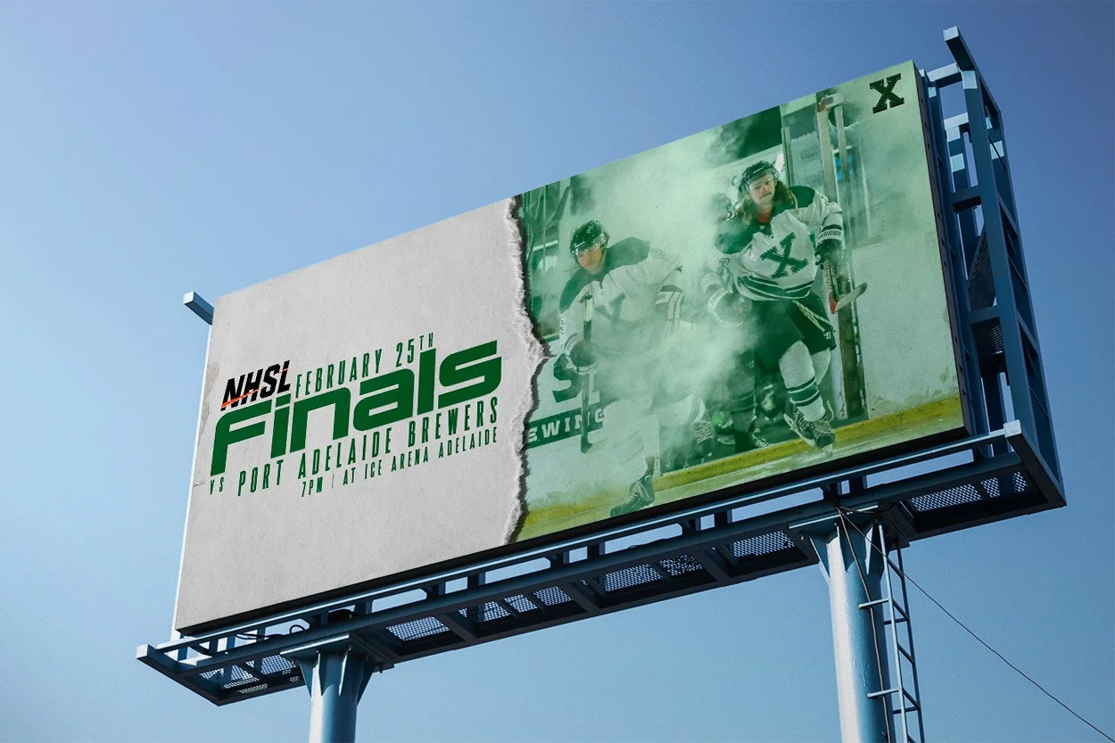 NHSL Finals billboard promoting Adelaide Xtreme against the Port Adelaide Brewers, using bold green team branding and player imagery to build anticipation for the championship game.