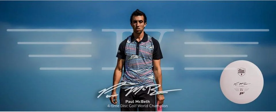 Discmania athlete featured beside a signature P2 disc in a championship campaign graphic, showing how athlete credibility and product storytelling were combined to strengthen trust, performance appeal and collector interest.