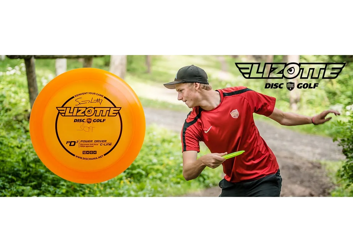 Discmania athlete promotes a signature PD2 power driver beside an action image on a wooded course, showing how athlete-led product storytelling connected performance credibility, product purpose and player demand.