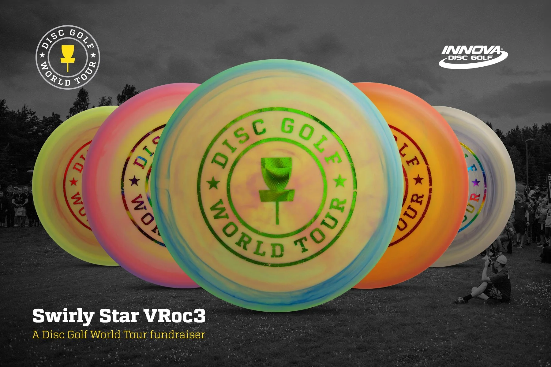 Disc Golf World Tour fundraiser graphic featuring colourful Innova Swirly Star VRoc3 discs, showing how limited-edition products connected collector appeal, brand partnerships and investment in the wider sport.