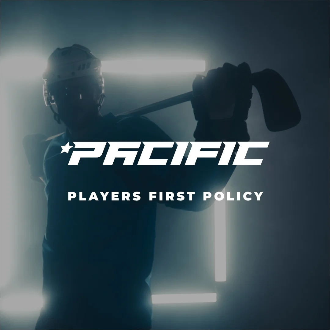 Silhouetted ice hockey player beneath the Pacific Players First Policy graphic, representing the league’s commitment to putting athletes at the centre of its national competition model.