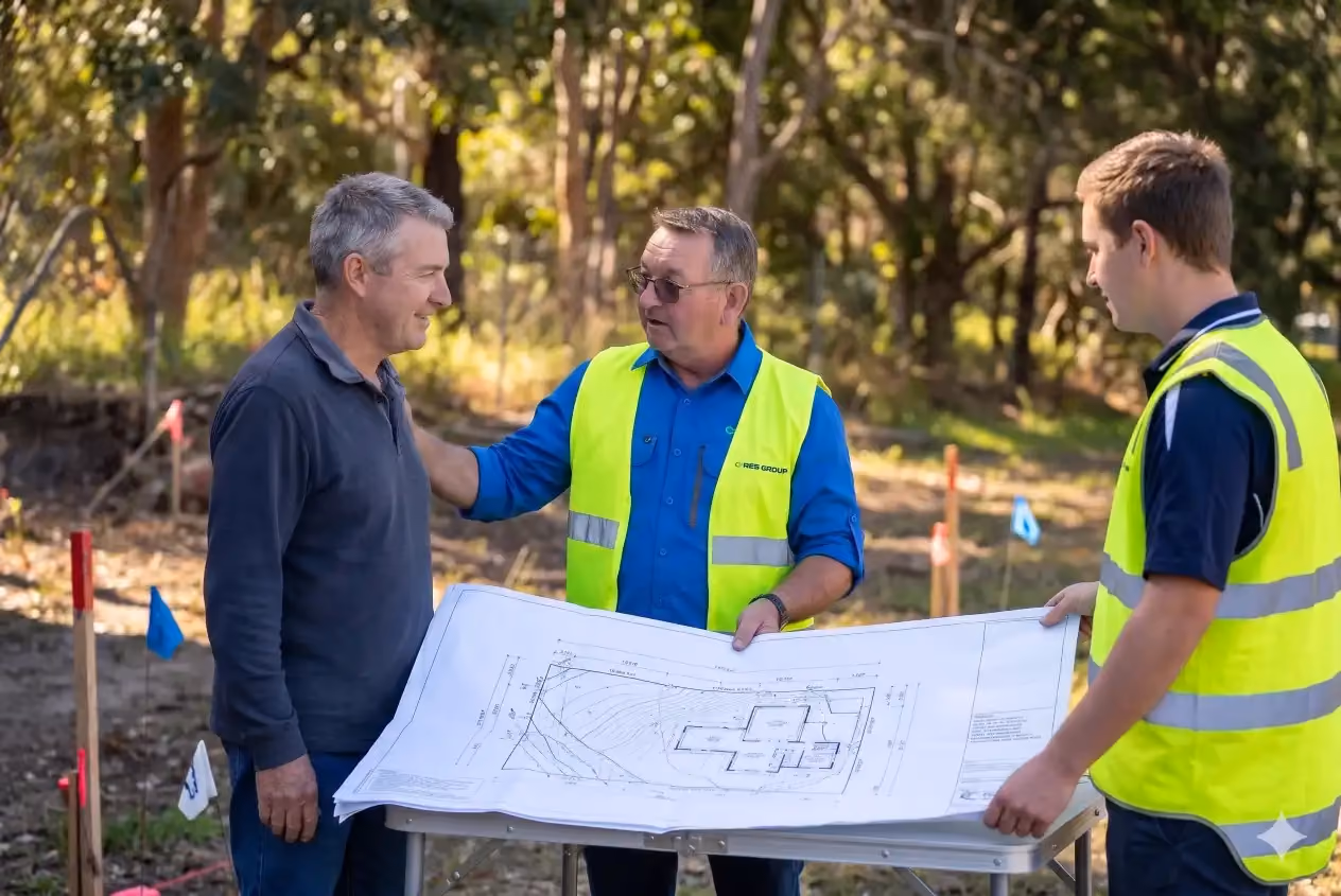 Perth Surveying team reviews site plans with a client at a development site, showing the clear communication, practical guidance and project certainty behind its surveying service.