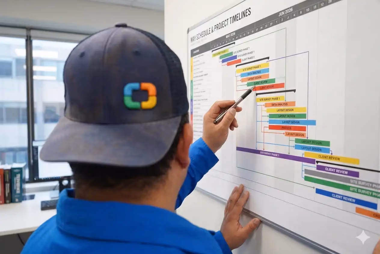 Perth Surveying team member reviews a detailed project timeline, showing the structured planning, clear milestones and dependable delivery process behind the company’s surveying work.