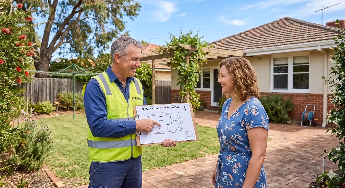 Perth Surveying team member explains a proposed residential site layout to a homeowner, showing the clear communication, practical guidance and project confidence behind the service.