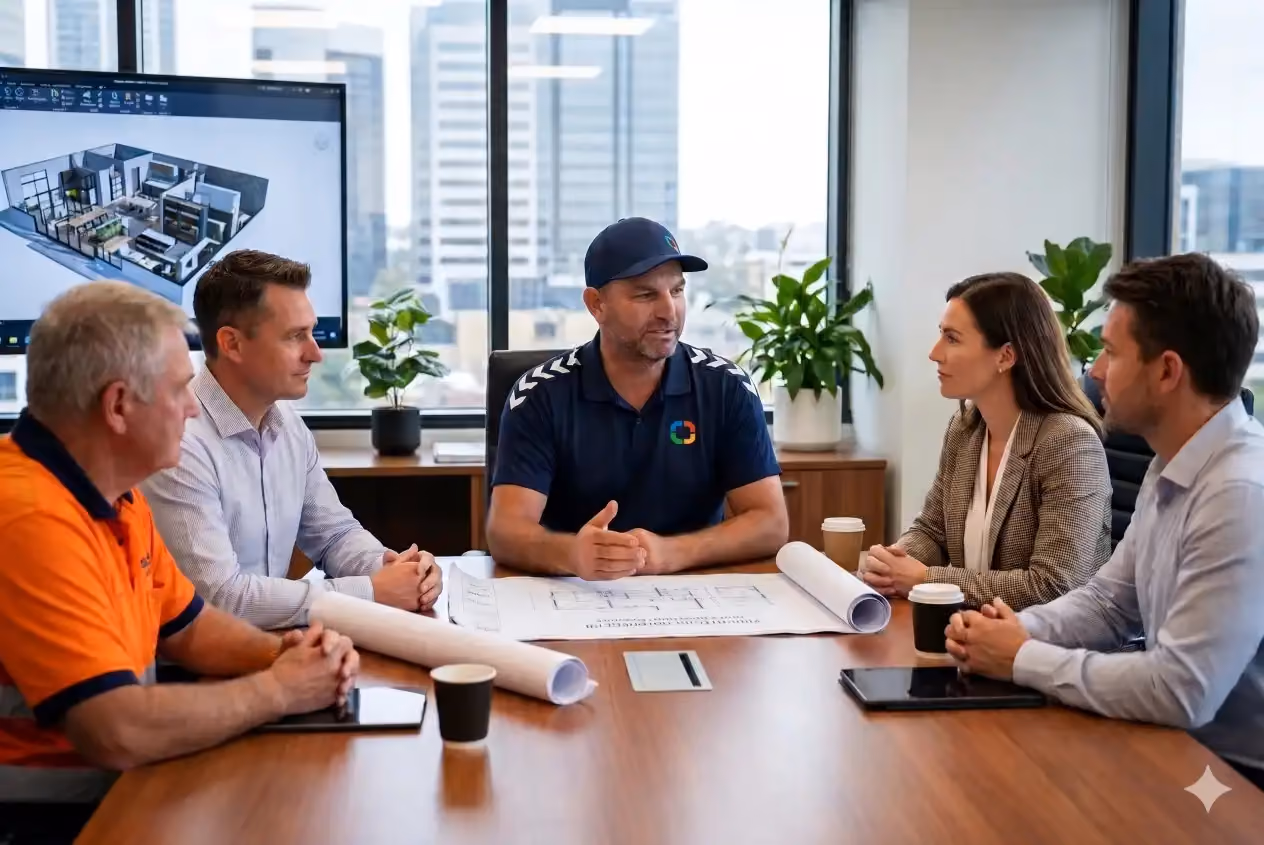 Perth Surveying team member discusses project plans with clients and consultants in a meeting room, showing the clear communication, practical coordination and project certainty behind the service.