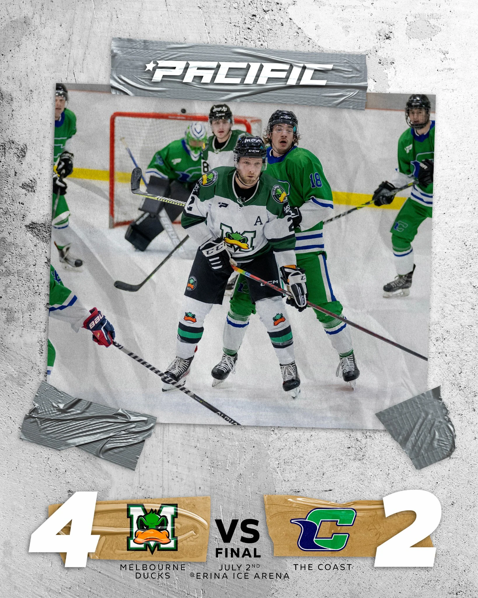 Pacific Hockey League final score graphic showing the Melbourne Ducks defeating The Coast 4–2 at Erina Ice Arena on July 2, with players competing in front of the goal.