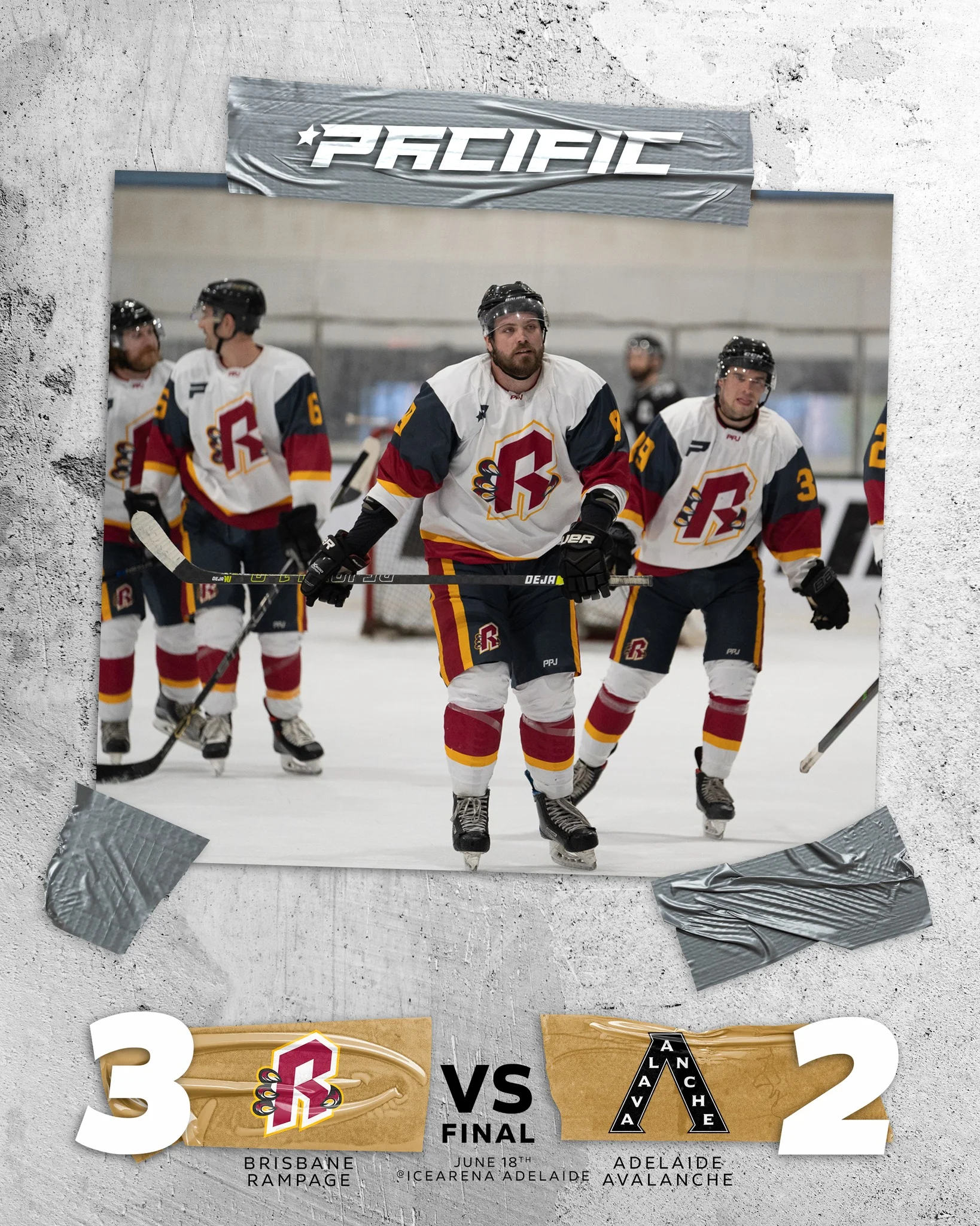 Pacific Hockey League final score graphic showing Brisbane Rampage defeating Adelaide Avalanche 3–2 at Ice Arena Adelaide on June 18, with Rampage players skating on the ice.