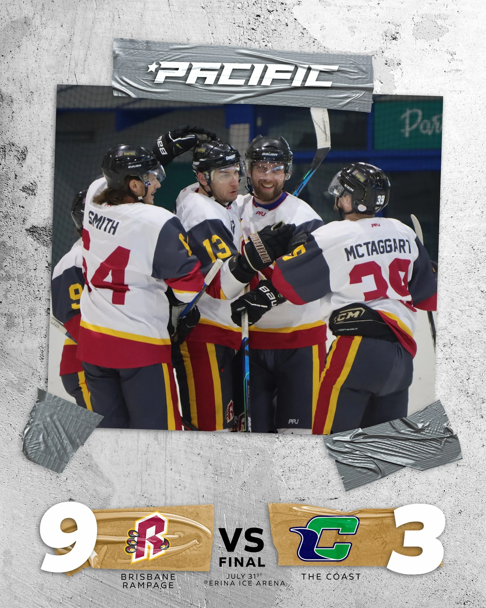 Pacific Hockey League final score graphic showing Brisbane Rampage defeating The Coast 9–3 at Erina Ice Arena on July 31, with Rampage players celebrating together.